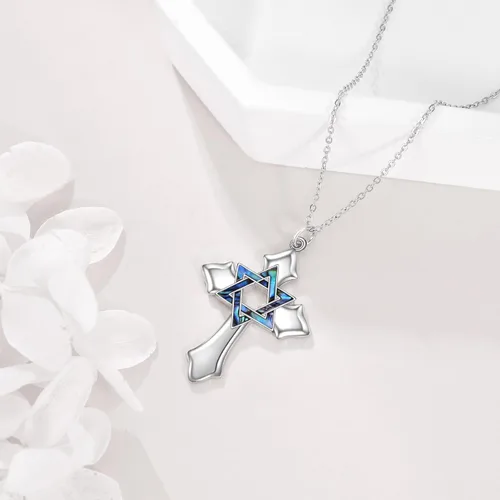 Vista 4 de AXELUNA Collar con dije de estrella de David de plata de ley con diseño de mariposa magnética plegable hexagonal para mujer