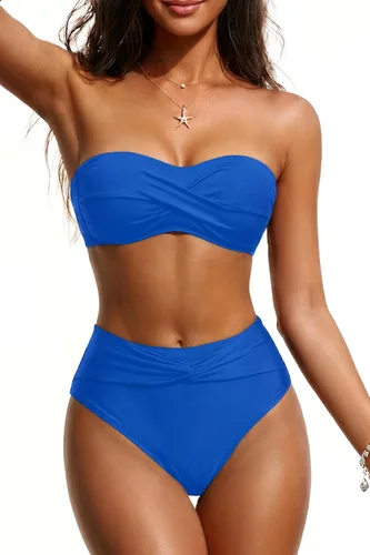 Vista 8 de Tempt Me Conjunto de bikini bandeau para mujer, traje de baño de dos piezas sin tirantes de corte alto de cintura alta Agua