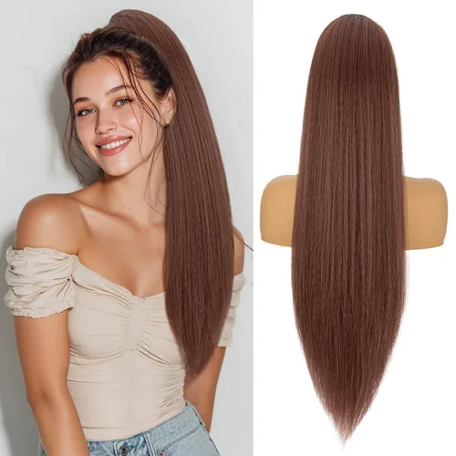 Vista 11 de Benehair Extensión de cola de caballo con cordón, 24 pulgadas de largo, pelo sintético lacio, extensiones de cabello de cola de caballo con clip