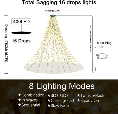 Vista 7 de Guirnalda de luces para árbol de Navidad, 400 LED, 16 líneas, luces de Navidad para árbol, 8 modos y temporizador, tira de luces para interiores