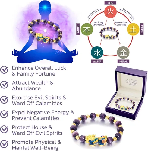 Vista 2 de FengShui Pi Xiu Pulsera de amatista, pulsera Pi Xiu Good Luck Feng Shui, pulseras de cuentas de amatista, amuleto de riqueza Pi Yao, joyería