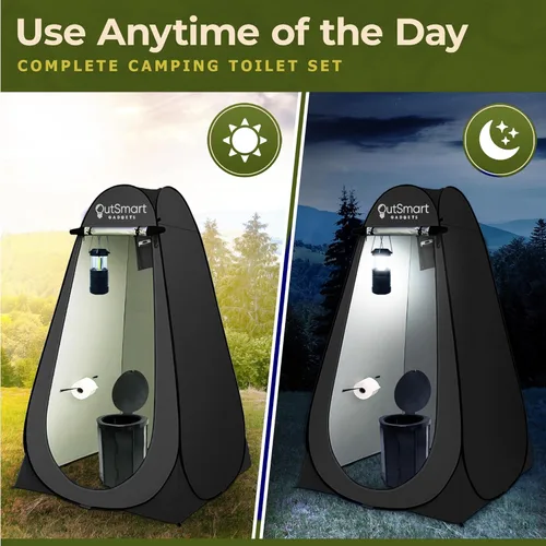 Vista 7 de Outsmart Gadgets Juego de inodoro portátil para exteriores para adultos con linterna nocturna de campamento, inodoro plegable XL, tienda de campaña