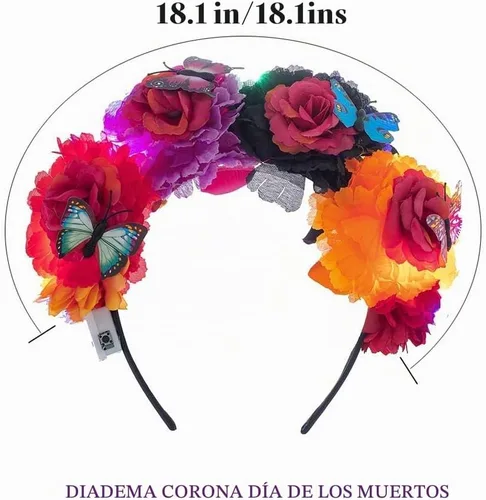 Vista 6 de Diadema de flores iluminada para mujer, accesorio para el día de los muertos, accesorios para el cabello de Halloween