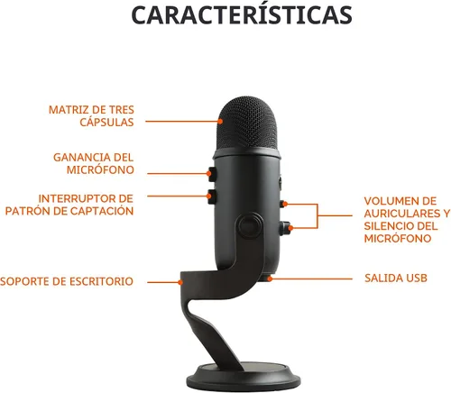 Vista 8 de Blue Yeti USB Mic para grabar y transmitir en PC y Mac, 3 cápsulas de condensador, 4 patrones de captación, salida de auriculares y control