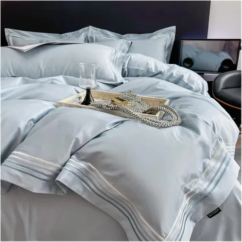 Vista 9 de ADovz Juego de ropa de cama de algodón de fibra larga, tamaño Queen, King, color sólido, funda de edredón plana/ajustable, sábana de almohada