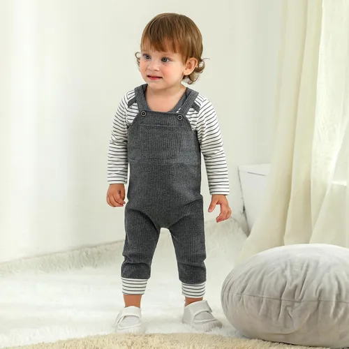 Vista 3 de Ropa para bebé niño recién nacido, conjunto de mameluco a rayas con bolsillo de 0 a 24 meses