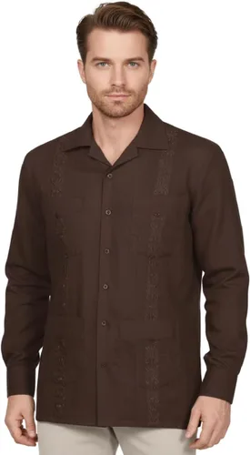Vista 28 de NE PEOPLE Camisa de manga larga bordada con botones de guayabera cubana para hombre (S-4XL)