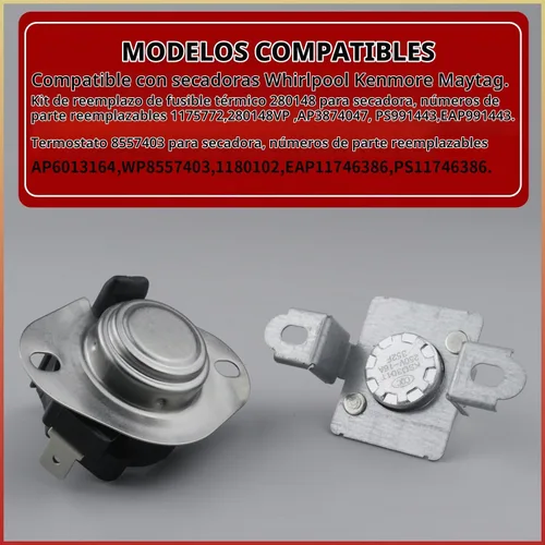 Vista 5 de Kit de corte térmico para secadora 280148, incluye termostato 8557403 8318314, pieza de repuesto de fusible térmico compatible con secadores
