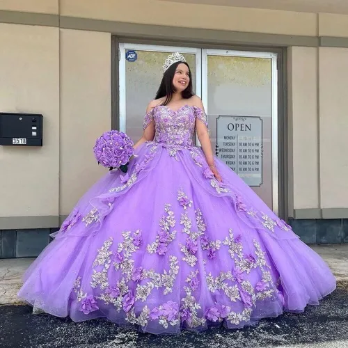 Vista 5 de Mauuwy Vestidos de quinceañera florales en 3D, vestido de baile de tul brillante hinchado dulce 16 vestidos de encaje con hombros descubiertos