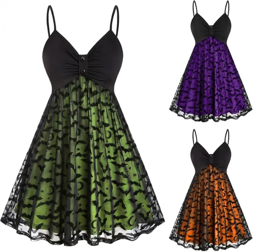 Vista 3 de Vestido gótico para mujer, vestido de encaje con estampado de murciélago, sexy, sin mangas, tirantes delgados, vestido de fiesta de Halloween