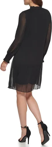Vista 3 de DKNY Vestido plisado de manga larga con cuello de lazo para mujer