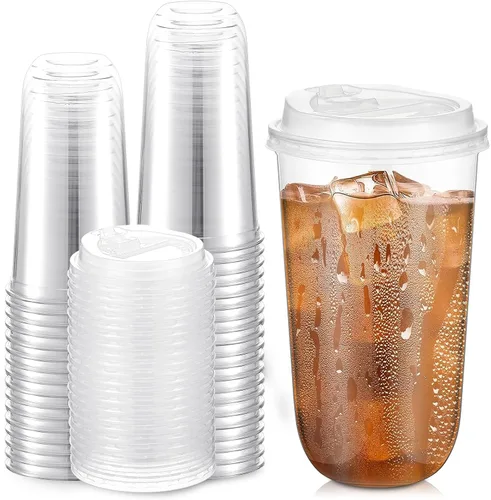 Vista 10 de Baderke Juego de 25 vasos de plástico transparente de 14 onzas con tapas, tazas de café helado resistentes con tapas, vasos de plástico desechables