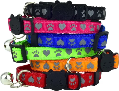 Vista 3 de Collar reflectante para gato con campana, juego de 6, collares sólidos y seguros para gatos, nailon, colores mezclados, collar para mascotas, collar