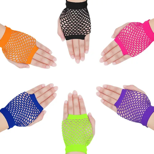 Vista 3 de SATINIOR 12 pares de guantes de malla de red de Halloween de los años 80 y 90 para mujeres y niños, guantes de neón sin dedos para fiestas