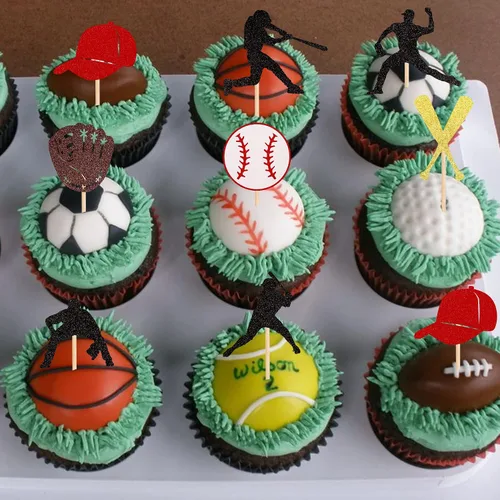 Vista 7 de 24 piezas de adornos para cupcakes de béisbol con purpurina, jugadores de béisbol, temática deportiva, adornos para magdalenas, temática deportiva