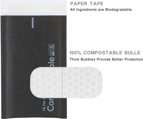 Vista 3 de Sobres de burbujas 100 % biodegradables de 4 x 8, 25 sobres de papel kraft negro #000 compostables, bolsas autoadhesivas ecológicas
