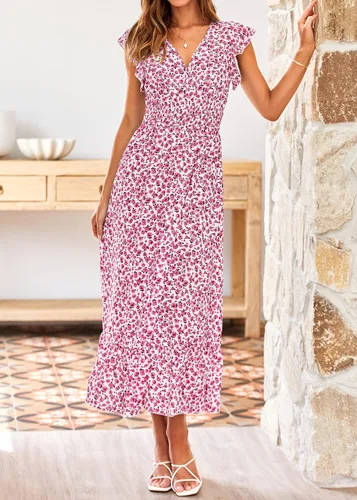 Vista 3 de KIRUNDO Vestido de verano para mujer, con volantes, sin mangas, cuello en V, elegante, con abertura, acampanado, para fiesta en la playa, cóctel