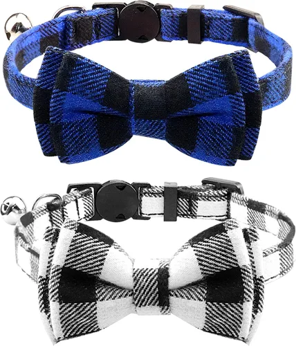 Vista 14 de Collar Joytale con corbatín y campana, lindos patrones de cuadros, 1 o 2 unidades de collares de seguridad para gato, Negro