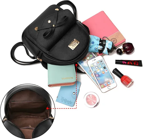 Vista 6 de Mochila pequeña para niñas y mujeres, de cuero, a la moda, para el día a día, Negro), .