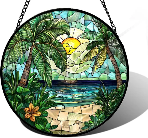 Vista 12 de DASTOLL Conjunto de 4 Piezas de Vidriera Manchada para Colgar en Ventanas Azul Océano con Árbol de Coco 16 cm - Atrapasoles para Puerta, Jardín