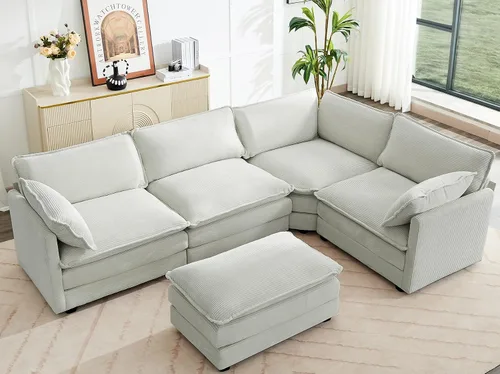 Vista 9 de ROWHY Sillón individual con otomano, sofá moderno de corduroy en forma de nube con chaise convertible, sofá tapizado para sala de estar, beige