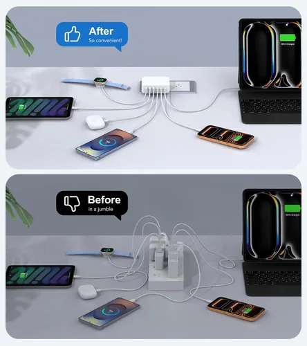 Vista 7 de Bloque de cargador rápido USB de 100W, concentrador de estación de carga rápida de 6 puertos GaN USB plano Multiple USB C Wall Charger Plug