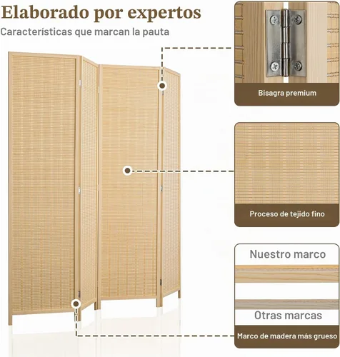 Vista 3 de WelFurGeer Divisor de habitación de bambú de 4 paneles, pantalla de privacidad plegable para separación de habitaciones, particiones y divisores