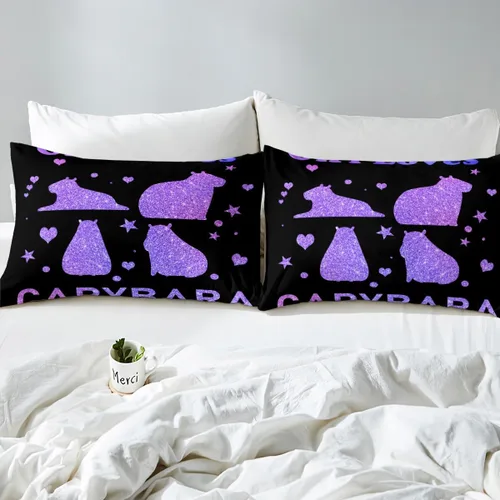 Vista 8 de Feelyou Juego de edredón de dibujos animados de Capybara, tamaño individual con 1 funda de almohada, juego de ropa de cama con estampado