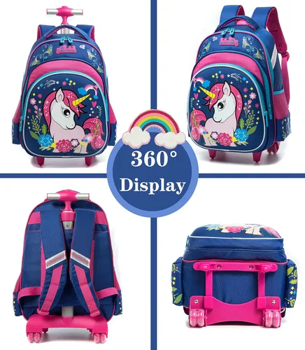 Vista 3 de Meetbelify Mochilas con ruedas de unicornio para niñas, mochila con ruedas para niñas, bolsas escolares con lonchera