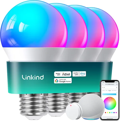 Vista 10 de Linkind Bombillas inteligentes WiFi, bombilla de luz Alexa que funciona con Alexa, Google Home, bombilla RGBTW de cambio de color de 16 millones