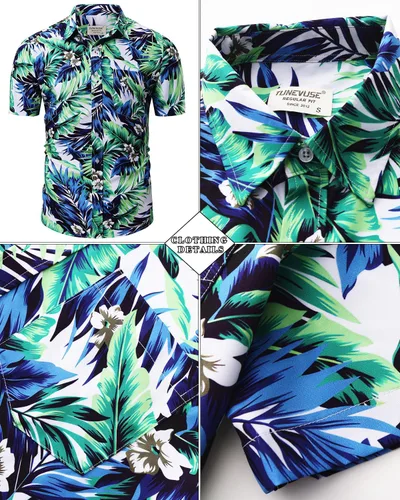 Vista 128 de TUNEVUSE Conjunto de camisas y pantalones cortos hawaianos para hombre, 2 piezas, trajes de playa con estampado de flores, traje tropical de verano
