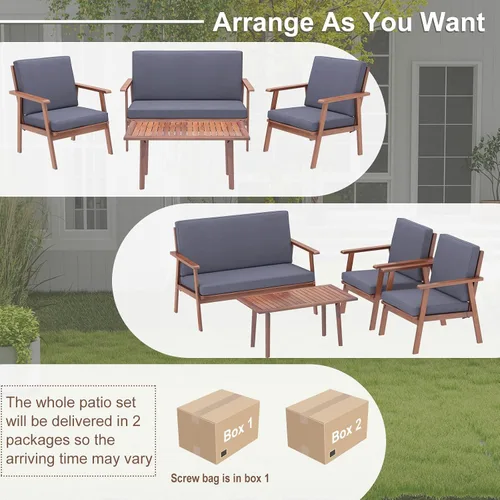 Vista 8 de Tangkula Juego de 4 piezas para conversación al aire libre, juego de sofá de madera de acacia con cojines de asiento y respaldo suaves, mesa Gris