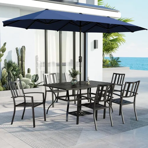 Vista 15 de MFSTUDIO Juego de mesa de comedor para patio al aire libre con paraguas, 4 sillas giratorias y 1 x 37 cuadrado Bistro forjado Iorn Slat mesa grande