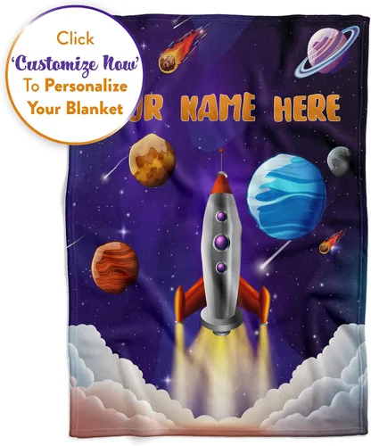 Vista 4 de Manta personalizada con diseño de cohete para niños, bonita manta con nombre personalizada para niños y niñas, divertido espacio exterior, galaxia