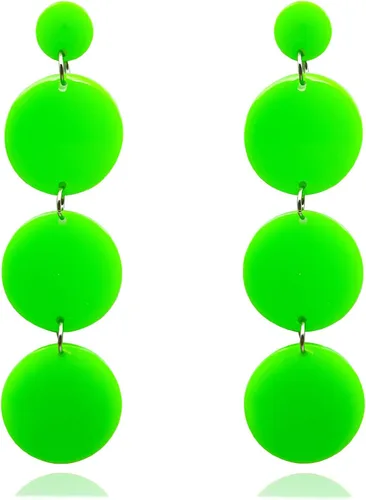 Vista 12 de Aretes colgantes redondos de neón de los años 80, aretes colgantes de disco circular de acrílico para mujer Negro