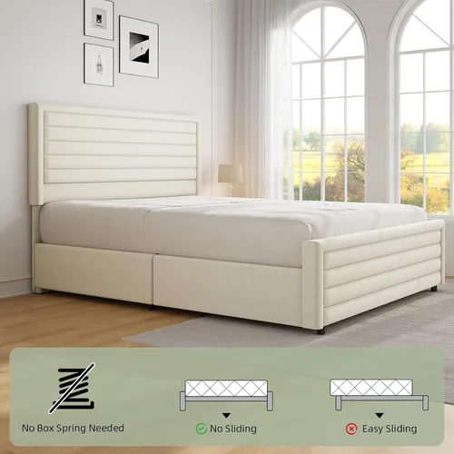 Vista 4 de REVOMINCA Armazón de cama tamaño completo (Full Size), plataforma tapizada con cabecera y pie de cama de terciopelo, base de colchón con listones