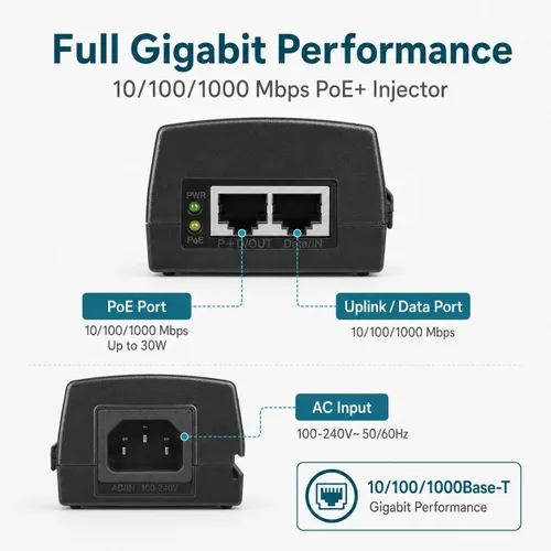 Vista 3 de BV-Tech Inyector Gigabit PoE+ de Alimentación a través de Ethernet 30W Plug & Play hasta 99 Metros