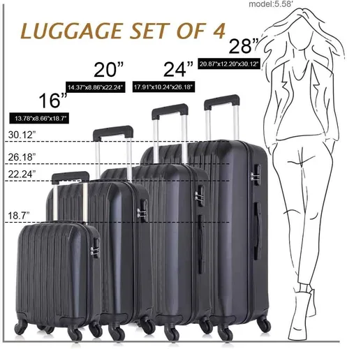 Vista 8 de Juego de 4 piezas de equipaje con ruedas giratorias Maleta de viaje rígida y ligera 16" 20" 24" 28