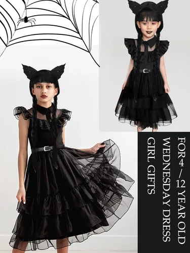 Vista 9 de Wednesday Addams - Disfraz para niñas, disfraz de Addams, disfraz de Halloween, disfraz de Navidad, fiesta
