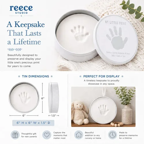 Vista 4 de Reece Studio My Little Print Baby Handprint or Footprint Clay Keepsake Tin Arcilla no tóxica segura para bebés, sin mezclar ni hornear manualidades