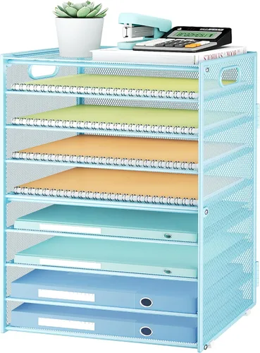 Vista 13 de SUBEKYU Organizador de papel de 9 niveles para escritorio, bandeja de cartas de malla de metal negro, organizador clasificador de papel de archivo