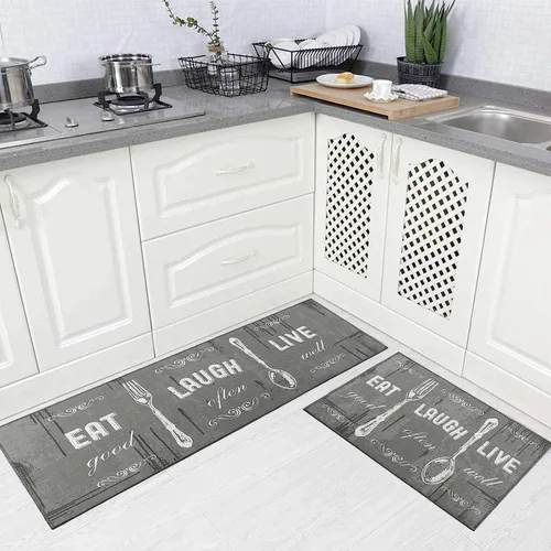 Vista 12 de Carvapet Juego de 2 alfombras de cocina con respaldo antideslizante, tapete para cocina, corredor de entrada, diseño de lema, negruzco/gris oscuro