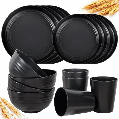 Vista 17 de LIYH 16 Piezas Juego de Vajilla de Paja de Trigo Beige - Platos de Cena Crema Irrompibles, para 4 Platos y Cuencos, Juego de Vajilla de Plástico