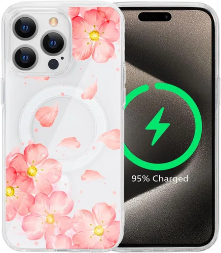 Vista 60 de Funda magnética de flores para iPhone 15 [compatible con MagSafe] Bonito patrón floral transparente a prueba de golpes