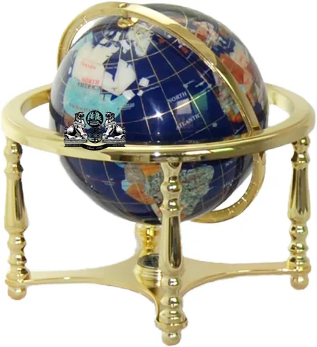 Vista 3 de Globo del mundo de lapislázuli azul de 13 x 9 pulgadas con trípode dorado, 220 GB - azul-dorado