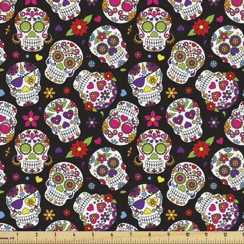 Vista 62 de Ambesonne The Yard, tela de calavera colorida con temática de Halloween, diseño de calavera y huesos cruzados, divertido estampado de dibujos