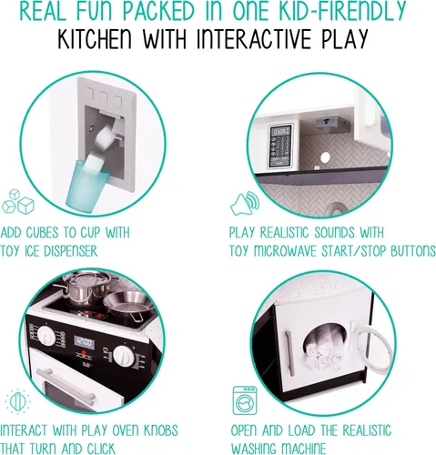 Vista 4 de Lil' Jumbl Juego de cocina de esquina para niños, cocina de lujo de madera de simulación, máquina de hielo a pilas, estufa y grifo con sonido Negro