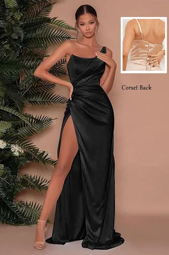 Vista 2 de Vestido de dama de honor de satén de un hombro para mujeres, adolescentes, vestidos largos de graduación con abertura, vestidos de fiesta formales