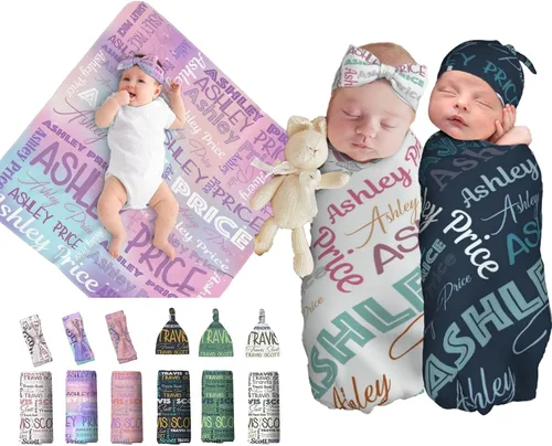 Vista 15 de Juego de manta personalizada para bebé con diadema acogedora y sombrero para niñas y niños recién nacidos, manta personalizada con nombre de bebé
