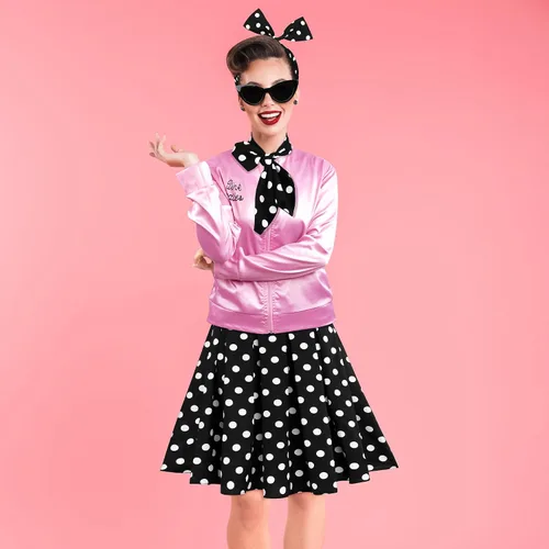 Vista 5 de SOMSOC Chaqueta de satén rosa de los años 50 con falda larga de lunares, conjunto de disfraz de cosplay de Halloween de los años 50, chaqueta
